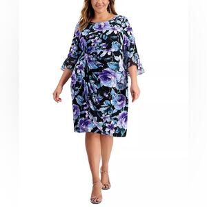 Connected Apparel Gathered-Waist 3/4-Sleeve Sheath Dress Navy Periwinkle Sz 14